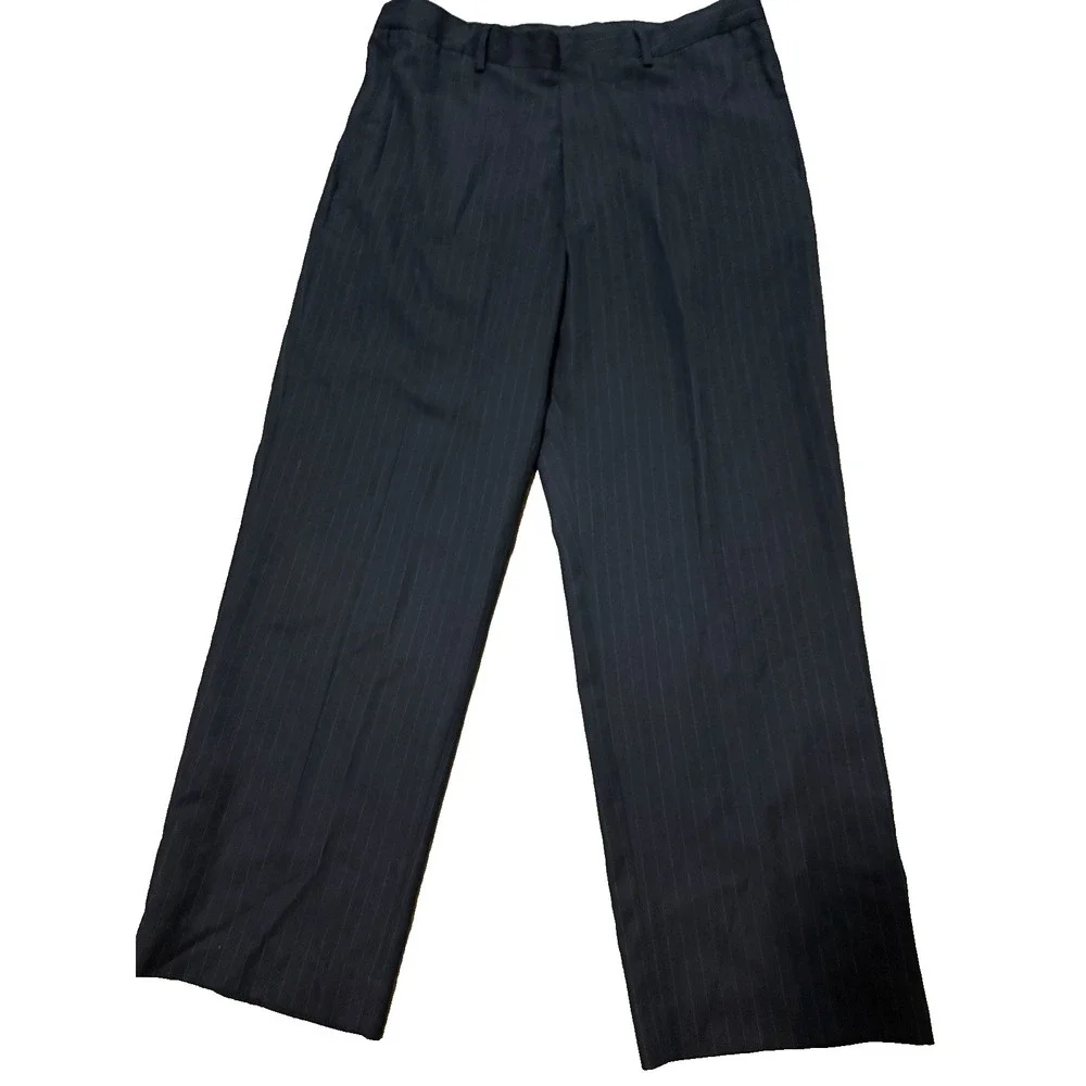 Merona 44R 2PC Suit Blazer Men Pants 36x30 Poly Blend Deep Navy Blue Gray Stripe